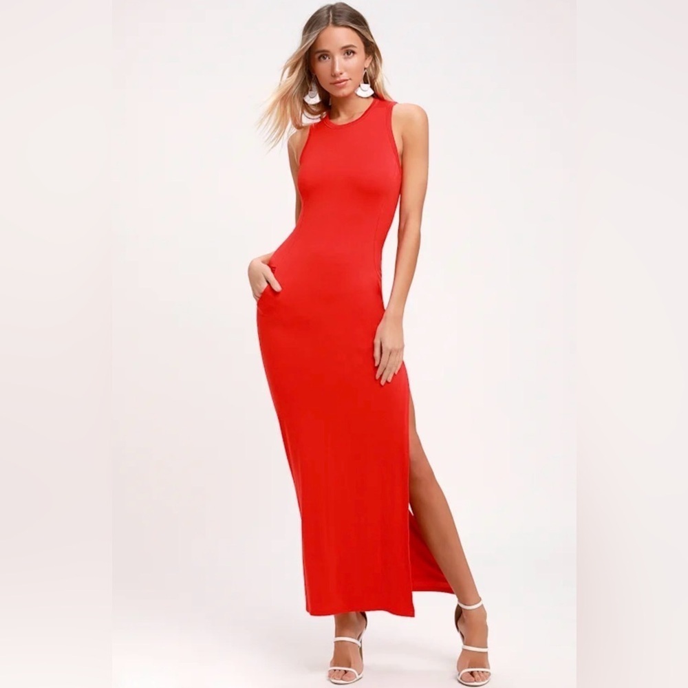 Lulus Shield & Sword Red Sleeveless Maxi Dress with Pockets Size 2X